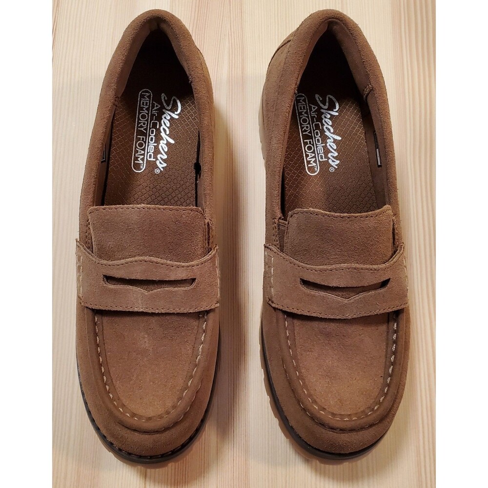 Skechers Womens 9 Cypress Chic Surge Brown Tan Beige Suede Penny Loafers - Picture 1 of 11